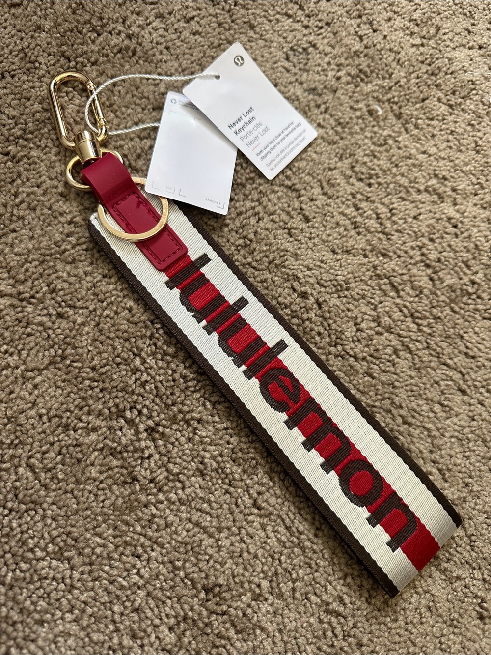 lululemon athletica Red and Cream Woven Key Fob with Gold Hardware